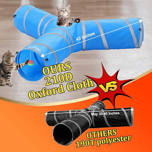 3 Way Cat Tube Tunnel - Indoor Cat Toy Tunnels Includes Crinkle Paper, Mouse Toy - Connect More Tunnels - Pop Up Collapsible - 10 Inch Diameter (Blue)