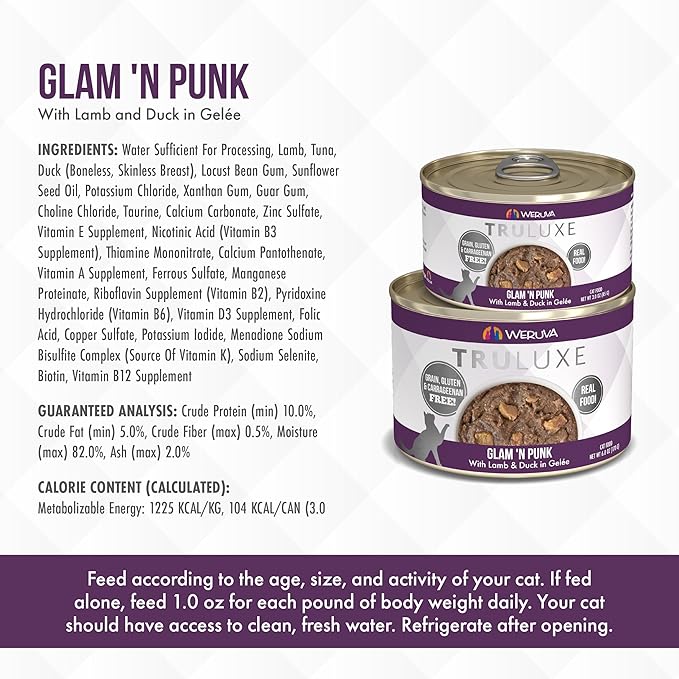 Weruva Truluxe Cat Food, Glam 'N Punk with Lamb & Duck in Gelée, 3oz Can (Pack of 24)