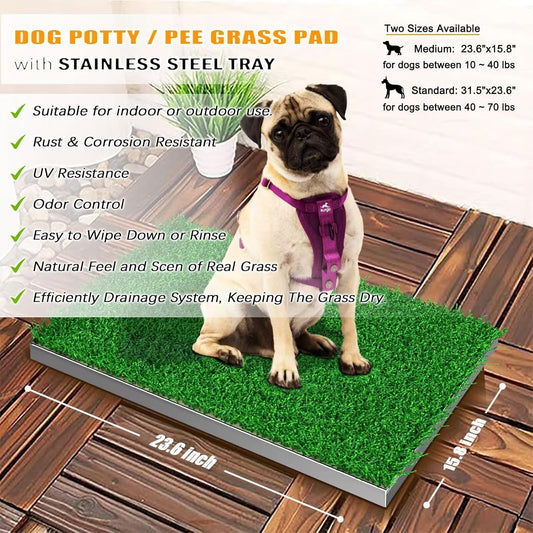 Dog Grass Pad with Tray, Stainless Steel Odor-Resistand Indoor Outdoor Potty System, Durable Alternative to Plastic with Artificial Grass for Dogs Potty Training (Potty System Size -23.6"x 15.8")