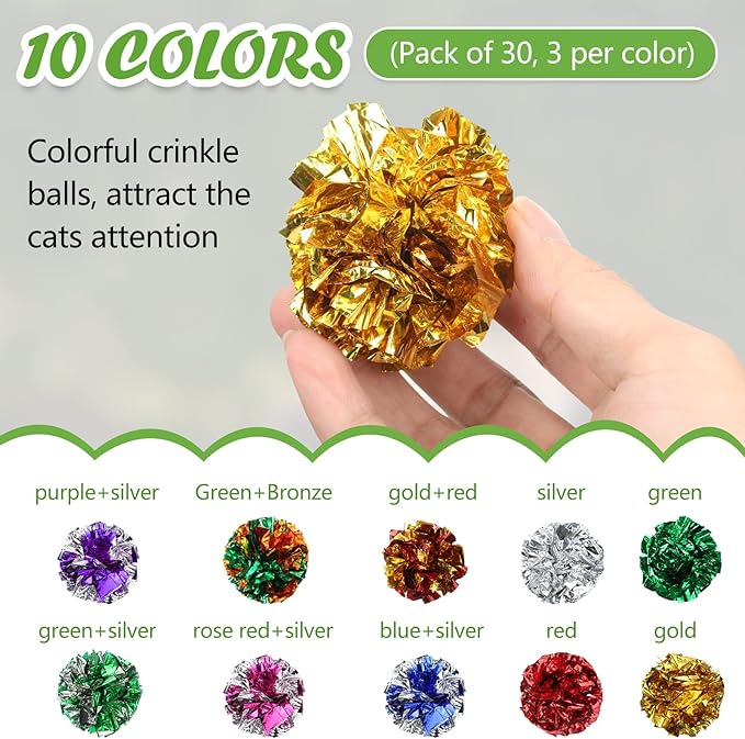 Silkfly 30 Pcs Polyester Film Crinkle Balls Cat Toys 2.36" Interactive Crinkle Ball, Colorful Chew and Chase Cat Toys for Indoor Kittens to Keep Fit Active