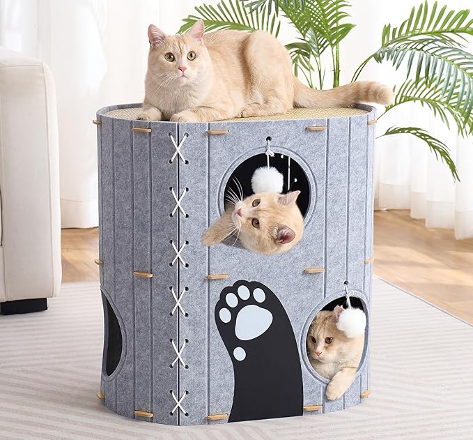 Cat House for Indoor Cats,2-Storey 23" x 15" x 23" Large Felt Covered Cat Cave for Multiple Cats,Clawsable Enclosed Cat Hideout Houses&Condos with Fluffy Ball, Cozy Scratch Resistant House