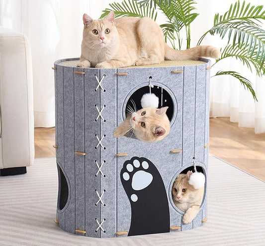Cat House for Indoor Cats,2-Storey 23" x 15" x 23" Large Felt Covered Cat Cave for Multiple Cats,Clawsable Enclosed Cat Hideout Houses&Condos with Fluffy Ball, Cozy Scratch Resistant House
