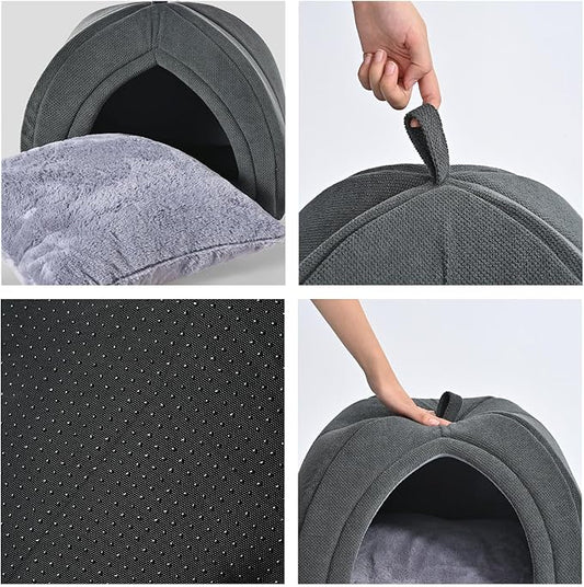 Amazon Basics Cat Cave Bed, 2-in-1 Foldable House for Indoor Cats, with Washable Cushion and Non-Slip Base, 15 x 15 Inches, Small