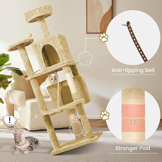 58.5inch Large Cat Tree Tower Condo for Indoor Cats, Soft Plush Multi-Level Climbing Tree Cat House with 1 360° Rotating Cat Cave, Scratching Post, More Entrance/Exit, Sisal Rope, Light Yellow