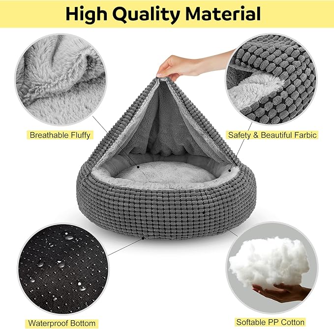 SIWA MARY Dog Bed with Attached Blanket for Small Dogs or Cats, Soft Plush Cozy Donut Cuddler Hooded Pet Beds Washable. Round Puppy Bed Orthopedic, Calming Cat Cave Bed. Anti-Slip Bottom 26inch