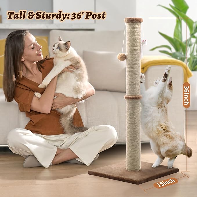 36'' Tall Cat Scratching Post, Large Sisal Scratch Post for Indoor Cats, Sturdy Cat Scratcher Tower, Vertical Cat Scratch Pole, Modern Cat Furniture for Kittens & Adult Cats (Brown)