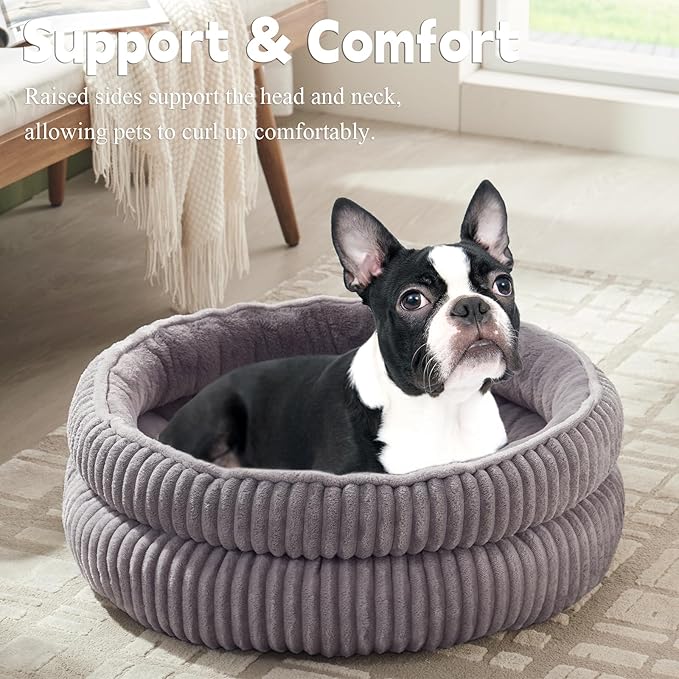 Dog Beds for Small Dogs, Puppy Kennel Bed - Round Cat Beds for Indoor Cats,Comfy Durable Pet Sleeping Bed, Washable Deluxe Plush Kitten Bed & Non-Slip Bottom, Gray 24" L x 24" W x 9" Th