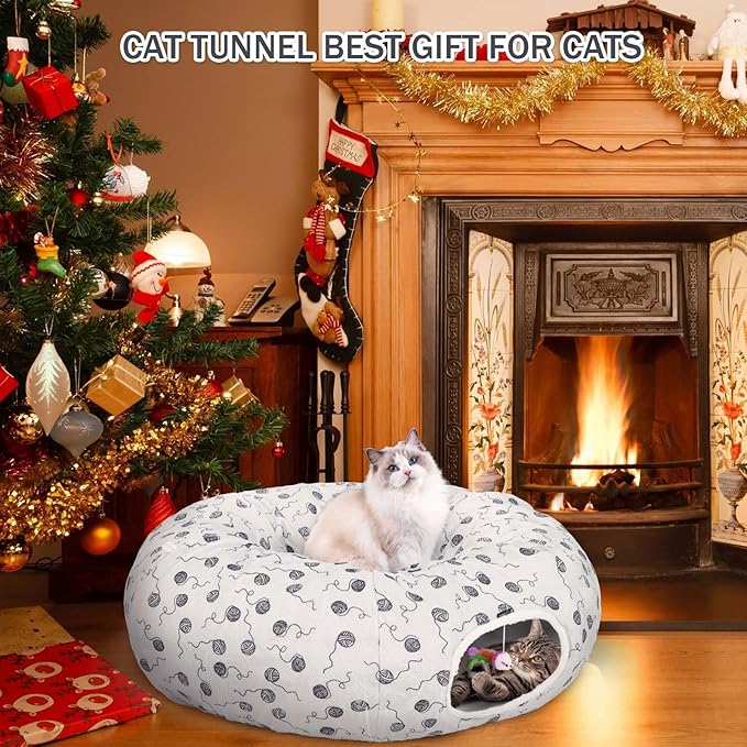 Ownpets Large Cat Tunnel Bed for Indoor Cats, Soft Plush Cat Donut Tunnel with Washable Cushion for Kitten, Puppy, Rabbit, Gray