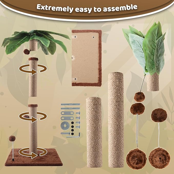 Cat Scratching Post, 34'' Tall Cat Scratchers for Indoor Cats with Hanging Balls, Tall Cute Sisal Kitten Scratch Post with Reinforced Stable Base, Brown, Medium