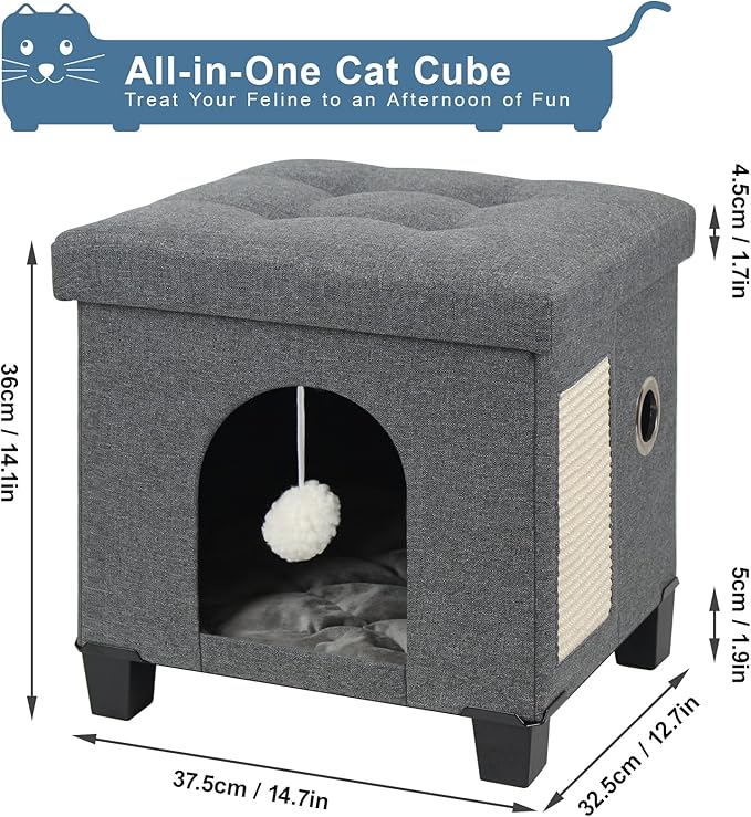 BRIAN & DANY Cat House for Indoor Cats, Cat Cave Bed for Pet, Cat Cube with Cat Scratch Board & Cat Ball, 14.7" x 14.1” x 12.7”, Gray