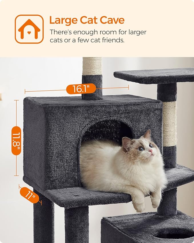Feandrea Cat Tree, 75.2-Inch Cat Tower for Indoor Cats, Plush Multi-Level Cat Condo with 5 Scratching Posts, 2 Perches, 2 Caves, Hammock, 2 Pompoms, Smoky Gray UPCT191G01