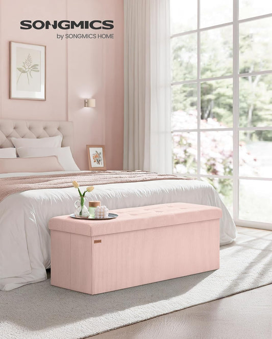 SONGMICS MAZIE Collection - Storage Ottoman Bench, Foldable Foot Rest, 15 x 43 x 15 Inches, End of Bed Bench, Storage Chest, Load 660 lb, Living Room, Bedroom, Entryway, Jelly Pink ULSF604R01
