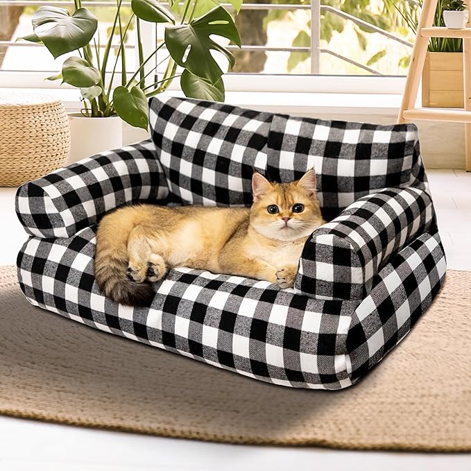Cat Couch Bed - Cat Bed for Indoor Cats, Calming Pet Sofa Puppy Sleeping Bed with Removable Washable Cover, Cute Dog Couch and Kitty Lounge Chair for 18lbs Cats & Small Dogs(Black & White)