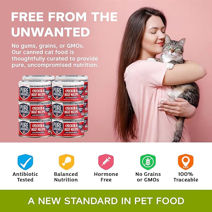 Chicken and Beef Recipe in Broth, Shredded Wet Cat Food, Grain-Free Protein, Non-GMO, 12 Pack