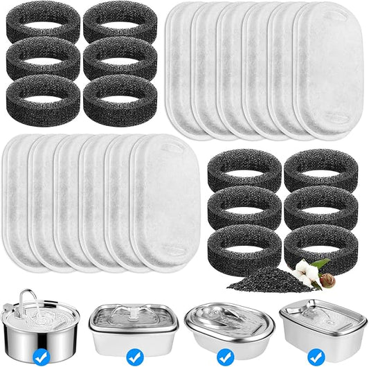 Cat Water Fountain Filter for 67oz/2L & 108oz/3.2L Stainless Steel Pet Fountain, 12 Pack Filter Replacement & 12 Sponges Foam for Automatic Dog Water Fountains Dispenser PLWF003
