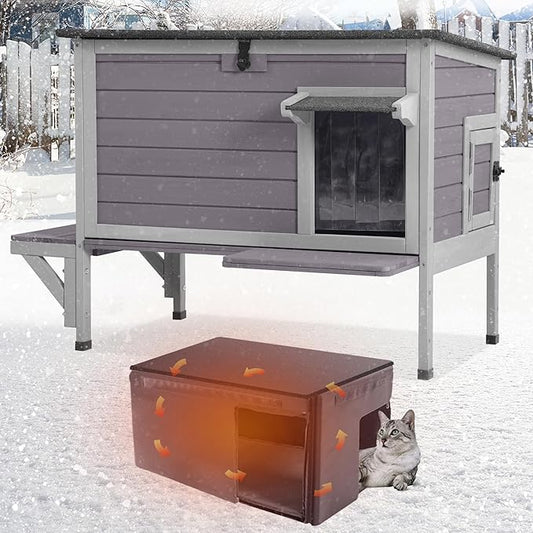 GUTINNEEN Insulated Outdoor Cat House with 0.78" Thick Liner - 6-Side All-Around Insulation, 3 Escape Doors & Elevated Moisture-Proof Base - Weatherproof Feral Cat Shelter