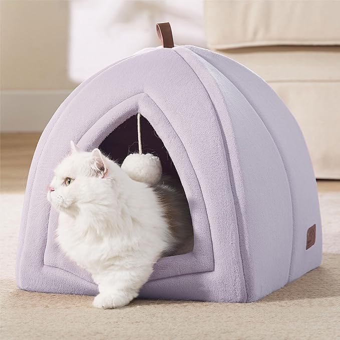 Bedsure Cat Beds for Indoor - 2 in 1 Cat Cave House Tent for Kittens and Small Pets with Removable Washable Cushioned Pillow, Foldable Kitten Hideaway with Non-Slip Bottom, Purple, 16 inches