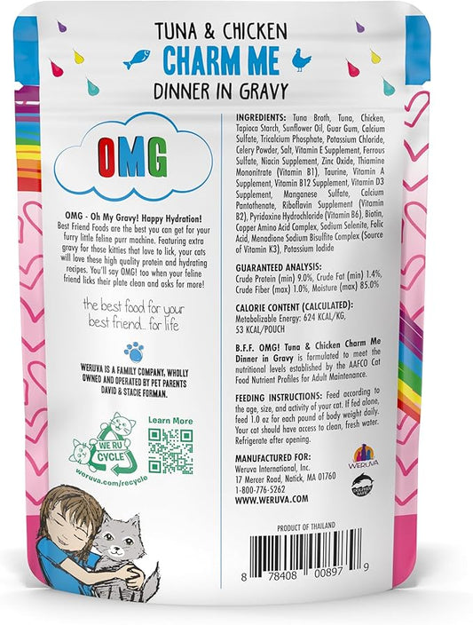 Weruva B.F.F. OMG - Best Feline Friend Oh My Gravy! Tuna & Chicken Charm Me with Tuna & Chicken in Gravy Cat Food, 3oz Pouch (Pack of 12)