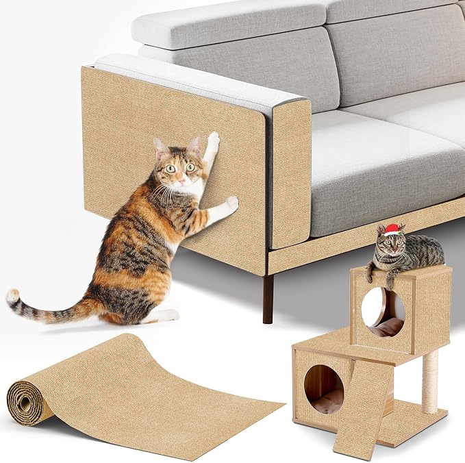 Cat Scratching mat Self-Adhesive, Trimmable Furniture Protector for Couch, Sofa, Wall & Cat Trees - Durable Scratch Pad with Nano Tape, DIY Climbing Carpet for Indoor Cats (Khaki, 23.6"x15.8")