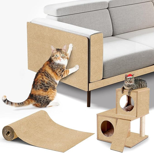 Cat Scratching mat Self-Adhesive, Trimmable Furniture Protector for Couch, Sofa, Wall & Cat Trees - Durable Scratch Pad with Nano Tape, DIY Climbing Carpet for Indoor Cats (Khaki, 78.7"x15.8")