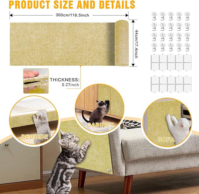 Cat Scratch Mat,118.5"x17.4" Trimmable Self-Adhesive Cat Scratch Furniture Protector, Sticky Cats Scratcher Wall Mat, Covering Cat’s Tower, Couch Protector from Cats Claws (Beige)