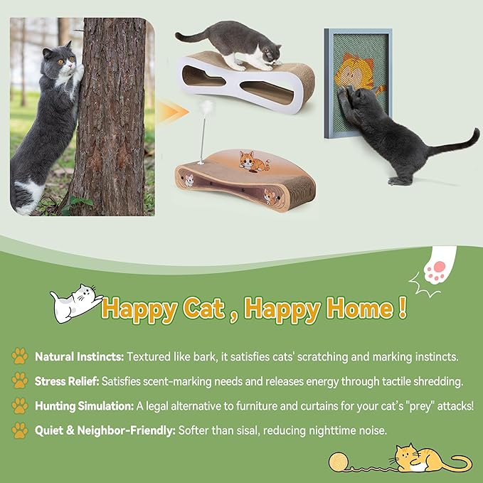 Cat Scratcher Lounge Bed, Reversible 2-in-1 Cardboard Scratching Board, Durable Curved Cat Scratch Pad for Indoor Cats with Toy, Cartoon Pattern