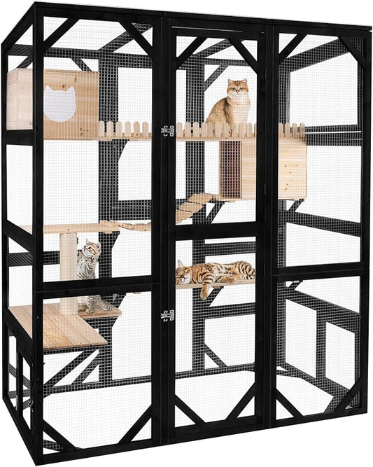 Catio Enclosure Outdoor Wooden Cat House for Multiple Cats Walk in Cage Window Access with Sunlight Friendly Weather-Proof PVC Roof