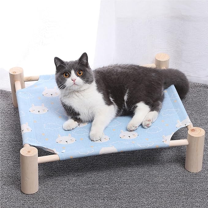 Pozico Cat & Dog Hammock Bed – Wooden Elevated Pet Cot with Breathable Mesh – Raised Cat Bed for Small Pets, Portable Puppy Bed Indoor & Outdoor Use – Blue Rabbit Design