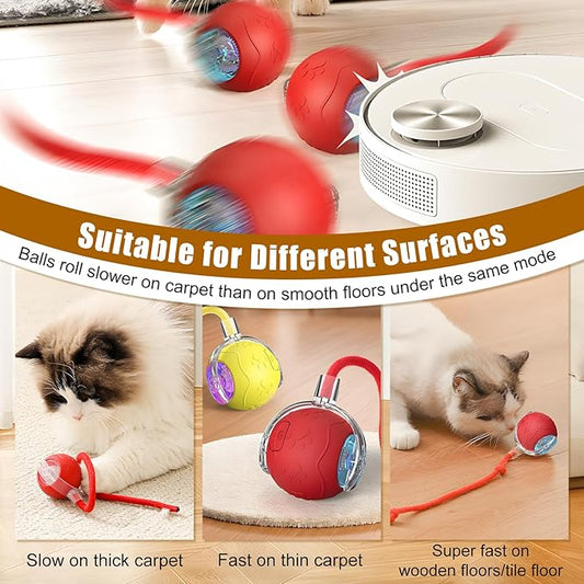 Interactive Cat Toys Ball for Indoor Cats, 2025 New Automatic Rolling Pet Balls with Rope, Three Modes Adjustment, Rechargeable Cat Enrichment Toys (Red)