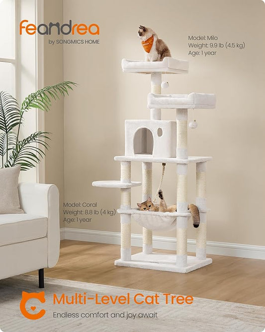 Feandrea Cat Tree, 56.3-Inch Cat Tower for Indoor Cats, Multi-Level Cat Condo with 11 Scratching Posts, 2 Perches, Cave, Hammock, Cream White UPCT015W02
