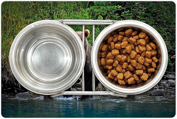 Lunarable Cabin Pet Mat for Food and Water, Grizzly Brown Bear in Lake Alaska Untouched Forest Jungle Wildlife Image, Non-Slip Rubber Mat for Dogs and Cats, 18" X 12", Brown Green