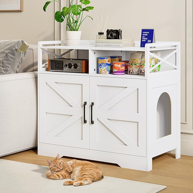 Cat Litter Box Enclosure Furniture - Hidden Litter Box Cabinet with Scratch Pad & Odor Control | Farmhouse Style End Table for Cats | Discreet Cat Washroom for Living Room & Bedroom White