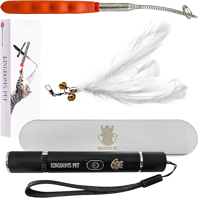 KINGDOM'S PET 3-in-1 Interactive Cat Toy Set – Rechargeable Laser Pointer, Feather Teaser & Wand for Indoor Cats’ Play and Exercise