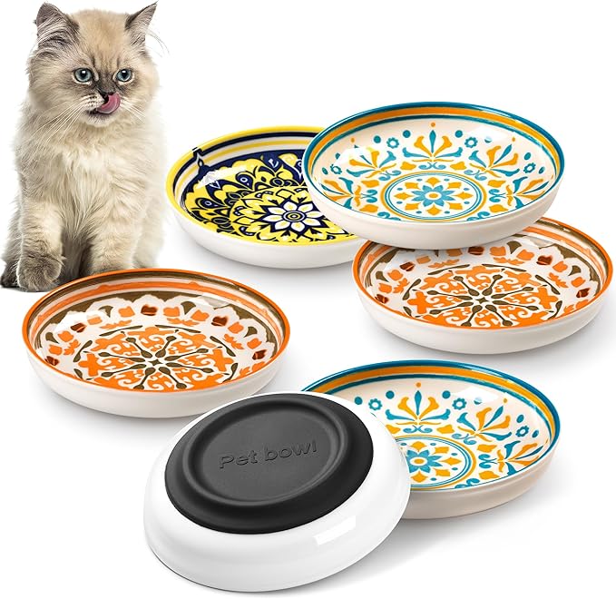 Cat Bowls, Non-Slip Ceramic Cat Food Bowl Set with Silicone Base, Whisker Friendly Cats Dishes, 6 Pack Cute Plates for Feeding Indoor Cats, Kitten, Small Dogs (Multi6, Deeper)
