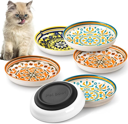 Cat Bowls, Non-Slip Ceramic Cat Food Bowl Set with Silicone Base, Whisker Friendly Cats Dishes, 6 Pack Cute Plates for Feeding Indoor Cats, Kitten, Small Dogs (Multi6, Deeper)
