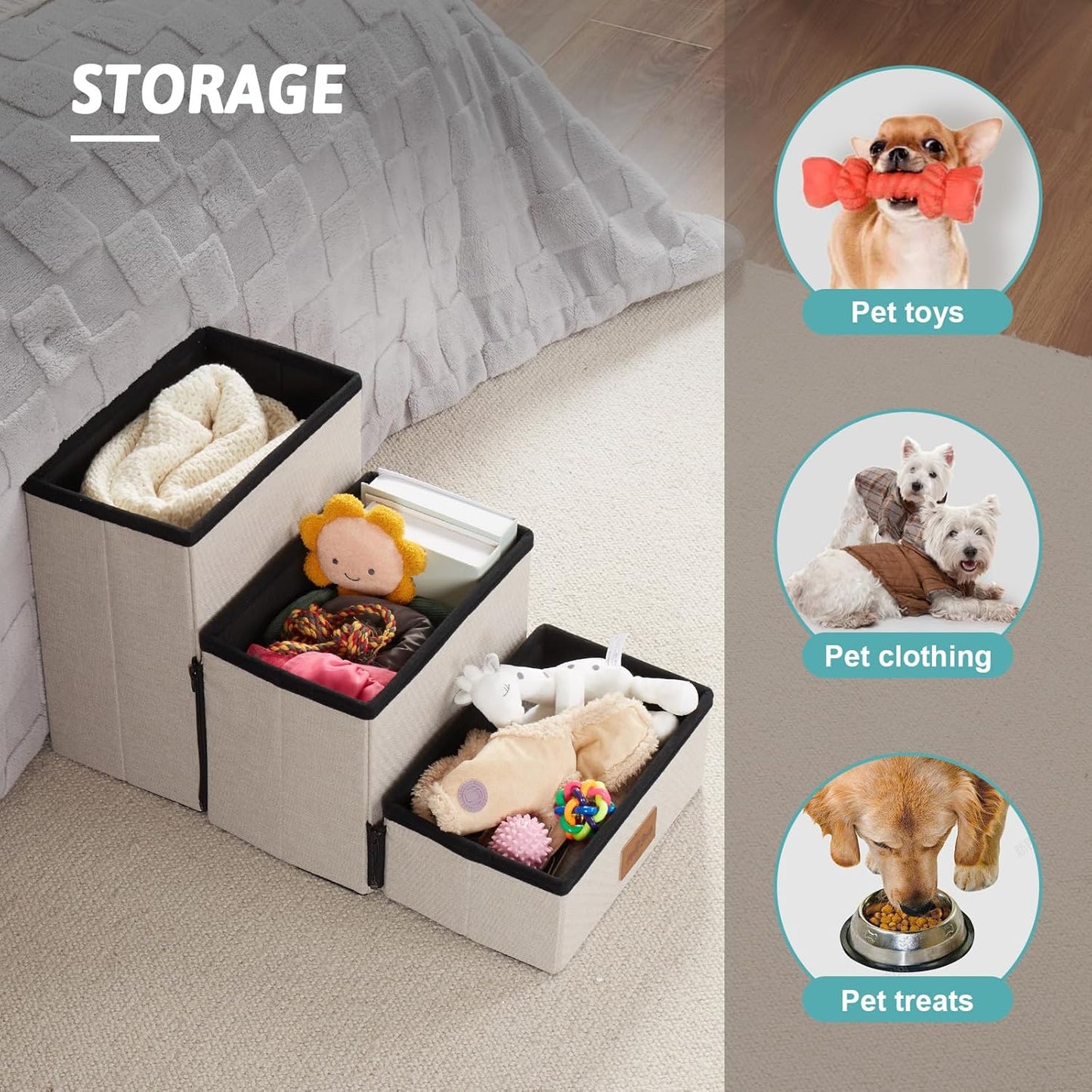 Dog Stair for Small Dogs with Storage, Foldable Pet Step with Soft Cover, Older Cat Ramp for Chair Couch Sofa, Lightweight, Durable, Comfort, 24.8x13x13.6 inch, 3 Tiers, Grey