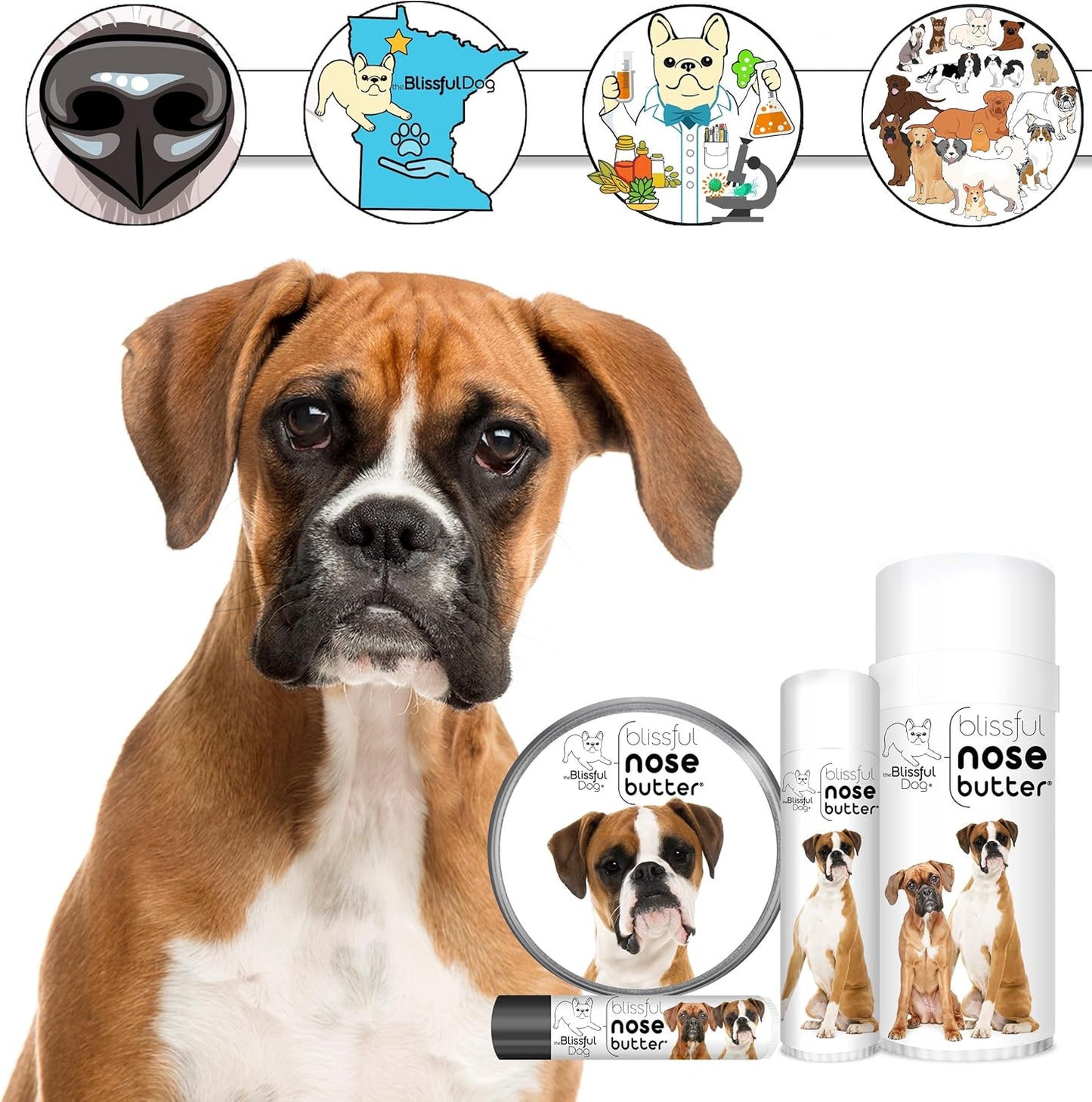 The Blissful Dog Fawn Boxer Nose Butter for Dry, Cracked Skin, Lick-Safe Dog Nose Balm with Moisturizing Shea Butter, Almond, Olive, and Essential Oils, Pet Supplies, Uncented, 4 oz.