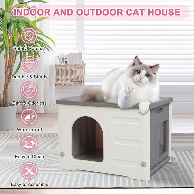 Hicaptain Cat Houses for Indoor Cats with Escape Door Plastic Outdoor Cat House Puppy Feral Cat Shelter for Small Medium Pets-Grey