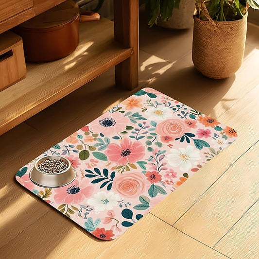 Boho Floral Pet Feeding Mat for Floors-Absorbent Dog Bowl Mat for Food and Water, Quick Dry Pet Cat Feeding Mats with Non Slip Bottom, Mess-Free Dog Accessories 12"x20"