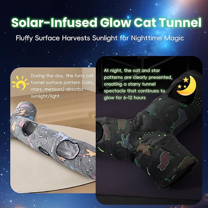 Cat Tunnel for Indoor Cats,Tree Trunk Cat Tunnels with Plush Ball Toys Collapsible,Stars, Moon Shape Self-Luminous, for Indoor Cats,Pets Bunny Rabbits, Kittens, Ferrets