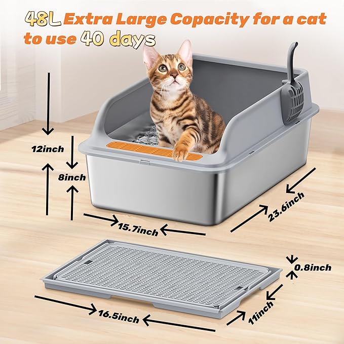 Stainless Steel Cat Litter Box for Multi-Cat Homes - High-Sided Anti-Leak Design,Large Cat Toilet， Non-Stick Surface, Odorless & Easy Clean, Durable with Litter Mat & Scoop