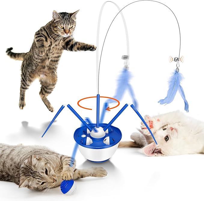 Automatic Cat Toys,7in1 Detachable Interactive Cat Toy, USB Rechargeable Cat Toys for Indoor Cats with Feather Butterfly Ribbon Cat Wand Catnip Ball for Cats Enrichment (Blue)