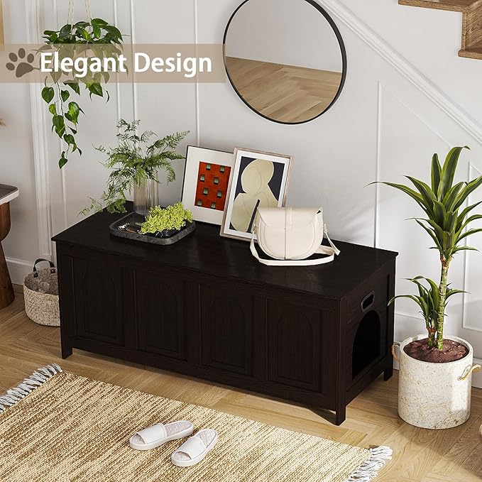 DINZI LVJ Cat Litter Box Enclosure, Flip Top Litter Box Furniture, Hidden Cat Washroom, 2-Entrances Wooden Pet House, 47.2" L x 18.7" W x 19.7" H, End Side Table, TV Stand, Easy to Assemble, Espresso