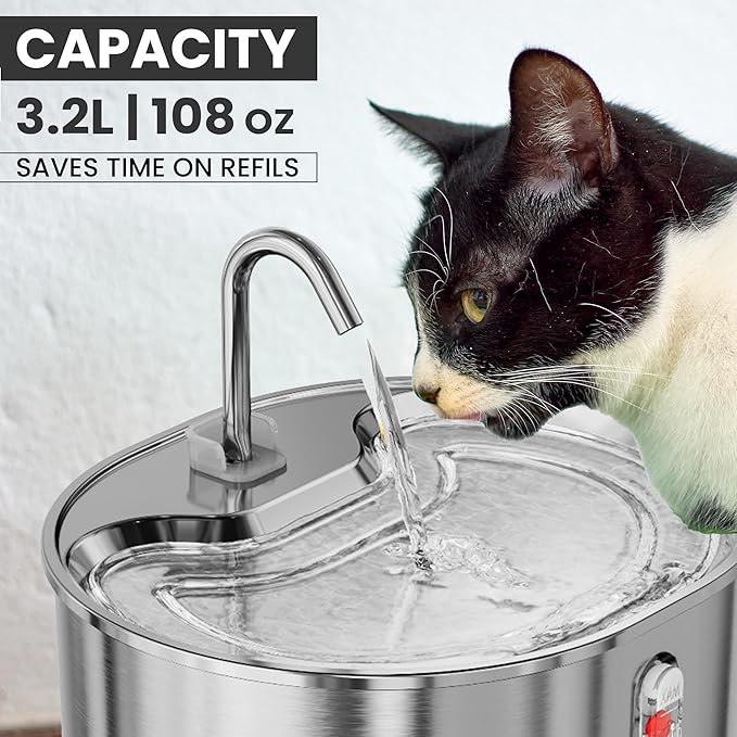 Cat Water Fountain Stainless Steel: 108oz/3.2L Water Fountains for Cats Indoor, Cat Water Fountain, Ultra Quiet, Water Level Window, Dog Water Fountain - 4 Filters - 1 Sensor