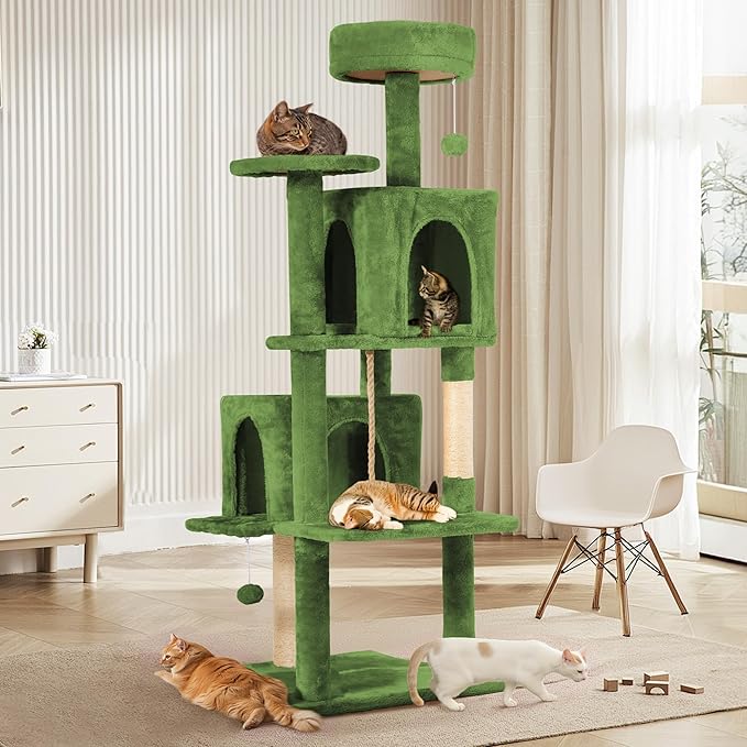 58.5inch Large Cat Tree Tower Condo for Indoor Cats, Soft Plush Multi-Level Climbing Tree Cat House with 1 360° Rotating Cat Cave, Scratching Post, More Entrance/Exit, Sisal Rope, Green