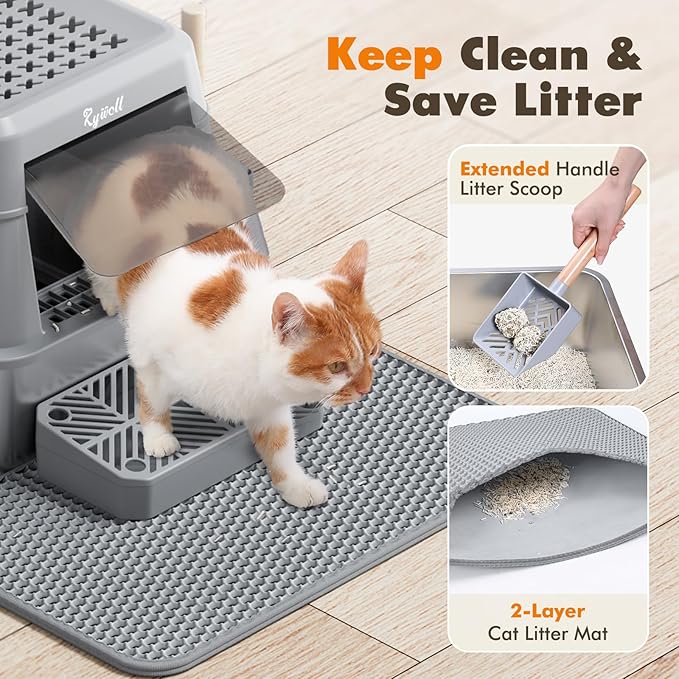 Rywell Stainless Steel Litter Box, Covered XL Extra Large Cat Litter Box Enclosure, Metal Kitty Litter Boxes with Lid, Litter Scoop, Filter Pedal and Litter Mat, Anti-Leakage, Non-Stick, Easy to Clean