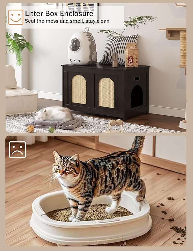 DINZI LVJ Cat Litter Box Enclosure, Flip Top Litter Box Furniture, Rattan-Like Hidden Cat Washroom, Wooden Pet House, End Side Table, 31.5"L x 19.7"W x 19.7"H, Easy to Assemble, Espresso with Rattan