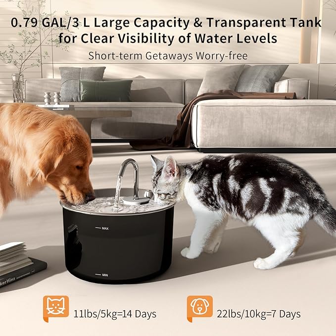Cat Water Fountain Stainless Steel Lid, 3L/101oz Pet Water Fountain, Dog Waterer with Quiet Pump and 4-Layer Filtration for Cats and Dogs