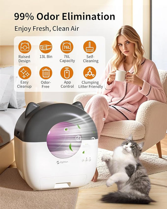 Self Cleaning Litter Box,76L Automatic Cat Litter Box Self Cleaning with APP Control,Low Noise,Safety Protection,Roll Garbage Bags,Deodorizer and Cleaning Brush for Multiple Cats