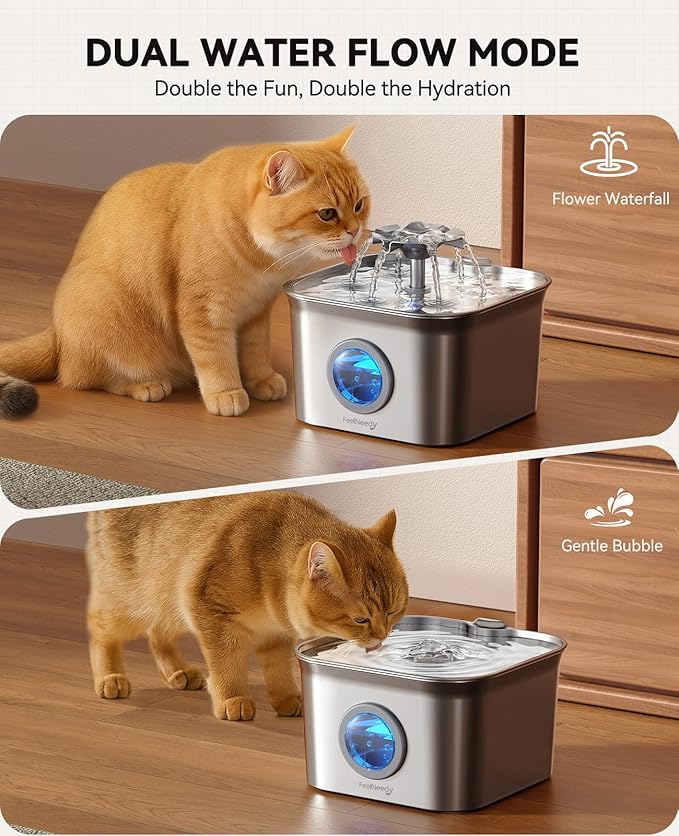 Stainless Steel Cat Water Fountain for Drinking, 99oz/2.8L Auto Pet Drinking Fountain for Cats Indoor with 20dB Ultra-Quiet Pump, 24/7 Circulation Filtration & LED Water Level Window& Dishwasher Safe